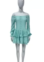 Womens Early Autumn Fashion Dress Solid Color Puff Sleeves Slim Fit Chiffon Fabric French Style