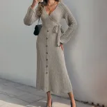 Knit Midi Dress Solid Color A Line Long Sleeve Comfortable Fabric Autumn Winter Fashion Wholesal