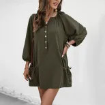 Casual Long Sleeve Dress Button V Neck Loose Fit Solid Color Minimalist Style for Everyday Wear