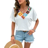 Casual Vacation Top V Neck Colorful Crochet Patchwork Ethnic Style Womens Fashion Wholesale Avai