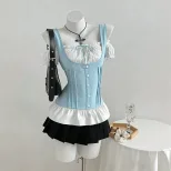 Color Block Bow Tie Slim Fit Short Sleeve T Shirt Casual Style Versatile Womens Apparel Ready to