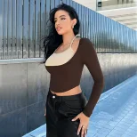 Color Block Hollow Out Halter Long Sleeve Top Slim Fit High Waist Stylish Design Perfect for Cas