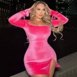 Velvet Bodycon Dress Square Neck Long Sleeve Side Slit Slim Fit Party Wear for Women Wholesale A
