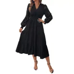 Elegant V Neck Lace Long Sleeve Dress Waist Defining Solid Color Perfect for Formal Events Whole