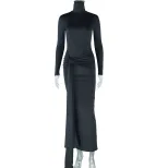 Solid Color Midi Dress Round Neck Long Sleeve Casual Style Streetwear Essential for Trendy Outfi