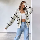 Womens Loose Fit Striped Knit Cardigan V Neck Long Sleeve Soft Fabric Spring Summer Fashion Whol