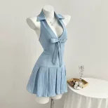 Summer Womens Short Dress V Neck Bow Tie Waist Defined Casual Wear for Parties or Outings Ready