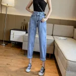 跨境牛仔裤女2023春夏新款学生韩版高腰百搭显瘦九分哈伦老爹裤潮