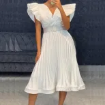Womens V Neck Pleated Dress with Flutter Sleeves Elegant Design Belt Included Perfect for Partie