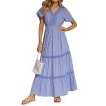 Elegant V Neck Ruffle Sleeve Dress Solid Color Lace Trim Chic Design Perfect for Parties or Casu
