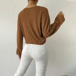 Loose Fit V Neck Long Sleeve T Shirt Casual Waffle Fabric Drawstring Detail Cropped Style Spring