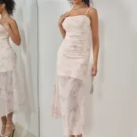 Sweet Floral Ruffled Maxi Dress High Elasticity Spaghetti Straps Vacation Style Spring Summer Co
