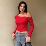 Asymmetrical Neck Crop T Shirt Sweet and Spicy Style Red Color Spring Summer Fashion Wholesale A
