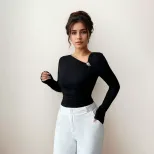 Asymmetrical Neck Long Sleeve Blouse Pleated Design Slim Fit Elegant Style Perfect for Spring an
