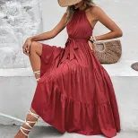 Elegant Solid Color Midi Dress Summer Style Halter Neck Comfortable Fabric Perfect for Casual Ou
