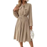 Chic Pleated Dress Bow Tie Neck Puff Sleeves Solid Color Office Wear or Casual Events OEM Availa