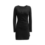 Deep V Long Sleeve Dress Elegant Solid Color Slim Fit Tie Detail Perfect for Casual or Evening W