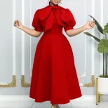 Summer Womens Short Sleeve Bow Tie A Line Party Dress Elegant Design Comfortable Fabric Versatil