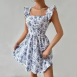 Floral Print Backless Dress Sweet Slim Fit Ruffled Sleeves Spring Summer Style Wholesale Availab