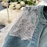 V Neck Lace Panel Short Sleeve Denim Dress for Women Slim Fit Summer Style Available in Blue Wholesale Sizes M to XXL