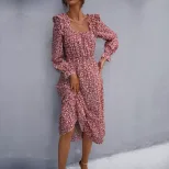 Floral Print Long Sleeve Dress Square Neck Spring Fashion Womens Apparel Wholesale Available