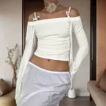 Off Shoulder Long Sleeve Top Sexy Cropped Adjustable Tie Versatile for Fall Fashion Wholesale Av