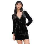 Velvet Dress Deep V Neck Lace Panel Short Length Elegant Spring Summer Cocktail Wear Wholesale A