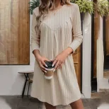 Fall Womens Straight Midi Dress Simple Design Soft Fleece Fabric Pleated Details Round Neck Casu
