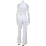 French Style Sleeveless Lapel Tie Top High Waist Satin Trousers Elegant Business Attire for Prof