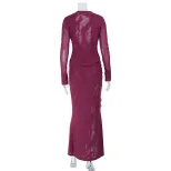 Fashion Two Piece Set Deep V Neck Top High Slit Bodycon Skirt Lace Ruffle Trim Elegant Occasion
