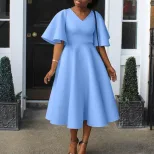 V Neck Flare Sleeve Dress Elegant A Line Silhouette Fashionable Design Perfect for Parties Whole