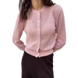 Soft Knit Cardigan Hollow Out Design Round Neck Long Sleeve Casual Chic for Spring and Autumn Wh