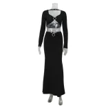 Elegant Womens Two Piece Set Sexy Hollow Out Crop Top and Skirt Metal Button Design Perfect for
