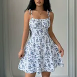 Floral Print Short Dress Summer Style Square Neck Sleeveless Lightweight Fabric Perfect for Casu