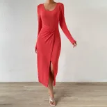 Elegant Solid Color Bodycon Dress Chic Split Design Comfortable Fit Perfect for Office or Evenin