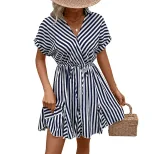 Ruffled Hem Striped Dress Waist Adjustable Shirt Collar Versatile Design Perfect for Casual Outi