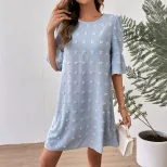 Chiffon Dress for Women Solid Color Short Sleeve Pom Detail Casual Summer Wear Wholesale Availab