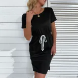 Womens Casual Solid Color Bodycon Dress Round Neck Drawstring Slim Fit Perfect for Everyday Wear