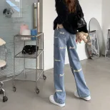 刺绣直筒牛仔裤女2023春秋新款学生甜美可爱设计感宽松拖地长裤潮