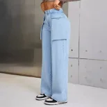 Wide Leg Denim Trousers Casual Style Large Pockets Comfortable Fit Womens Fashion for Everyday W