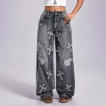 Vintage Embroidered Cross Denim Jeans Womens Straight Leg Retro Style Casual Wear Wholesale Avai