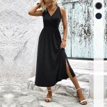 Sleeveless Color Block Dress Summer Casual Style Open Slit Design Lightweight Fabric Wholesale A