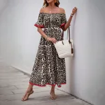 Vintage Off Shoulder Leopard Print Dress Ruffled Sleeves Elegant Style Perfect for Parties Whole