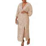 Plus Size Womens Long Dress Loose Fit V Neck Fashionable Sequins Side Slit Autumn Collection Who