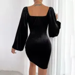 Velvet Bodycon Dress Sexy Hollow Out Design Slim Fit Puff Sleeves Elegant Style Perfect for Part