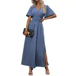 Elegant Deep V Neck Long Dress Side Slits Ruched Waist Flowy Fabric Spring Summer Occasion Whole