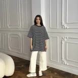 Womens Black and White Striped Short Sleeve T Shirt Color Block Loose Fit Round Neck Casual Top
