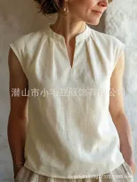 2026夏季欧美外贸杏色亚麻无袖T恤女小立领开叉褶皱宽松薄款休闲
