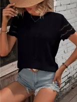 Casual Short Sleeve V Neck Shirt Summer Ready Solid Color Pleated Design Embroidered Details Who