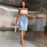 Fashionable Womens Distressed Wide Leg Straight Leg Denim Pants Frayed Hem Casual Style Wholesal